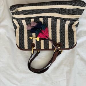 Fossil Black and White Striped Bag with Tassels